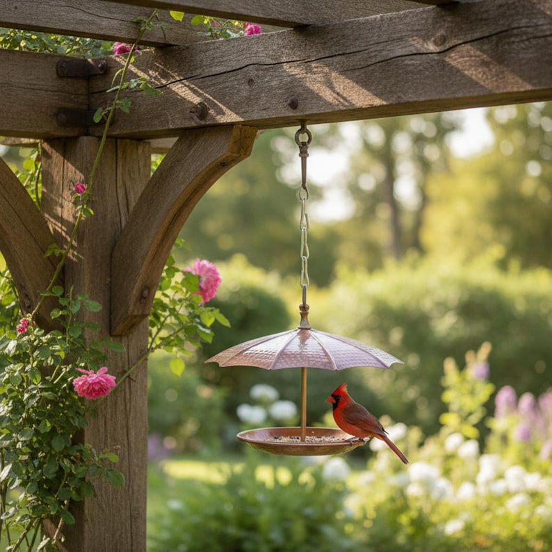 Gehämmerte Kupfer Hängendes Vogel Futterhäuschen mit Dach, Rustikale Garten Dekoration