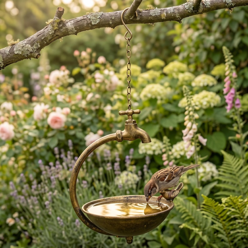 Hängende Vogeltränke mit Vintage Wasserhahn, Gusseisen, rustikale Wildvogel-Badeschale, Gartenkunst im Freien