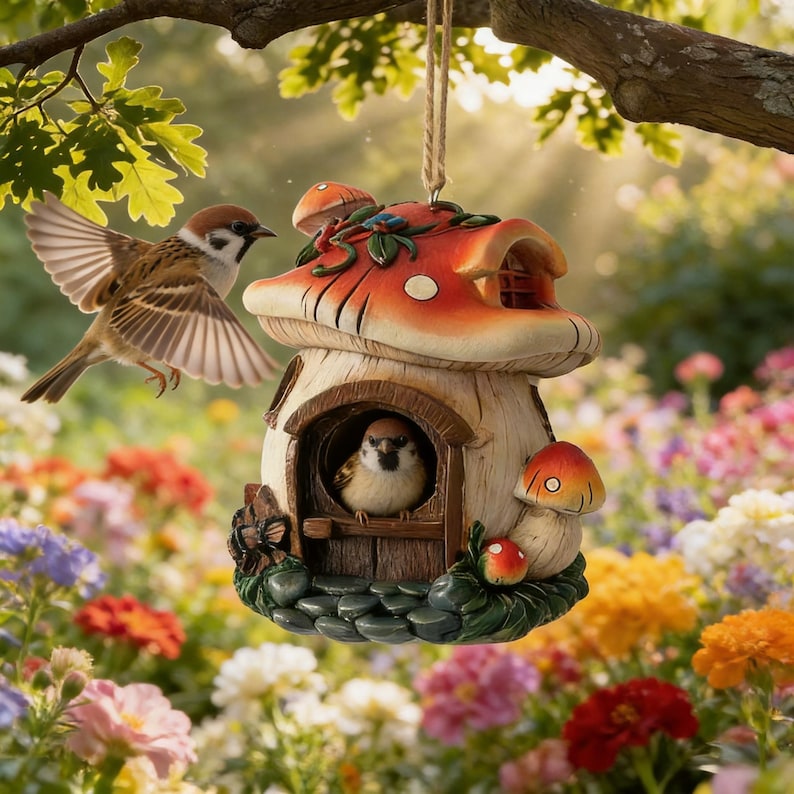 Feenvogelhaus aus Harz, Pilz-Garten-Dekor, hängendes Vogel-Nisthaus