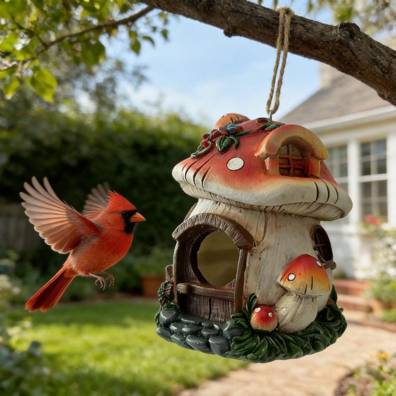 Feenvogelhaus aus Harz, Pilz-Garten-Dekor, hängendes Vogel-Nisthaus