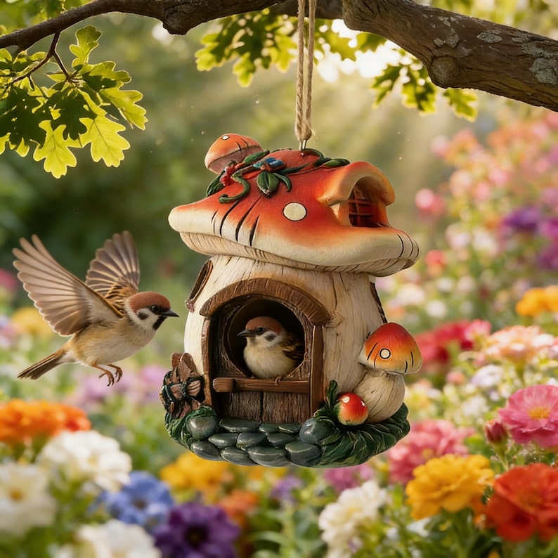 Feenvogelhaus aus Harz, Pilz-Garten-Dekor, hängendes Vogel-Nisthaus