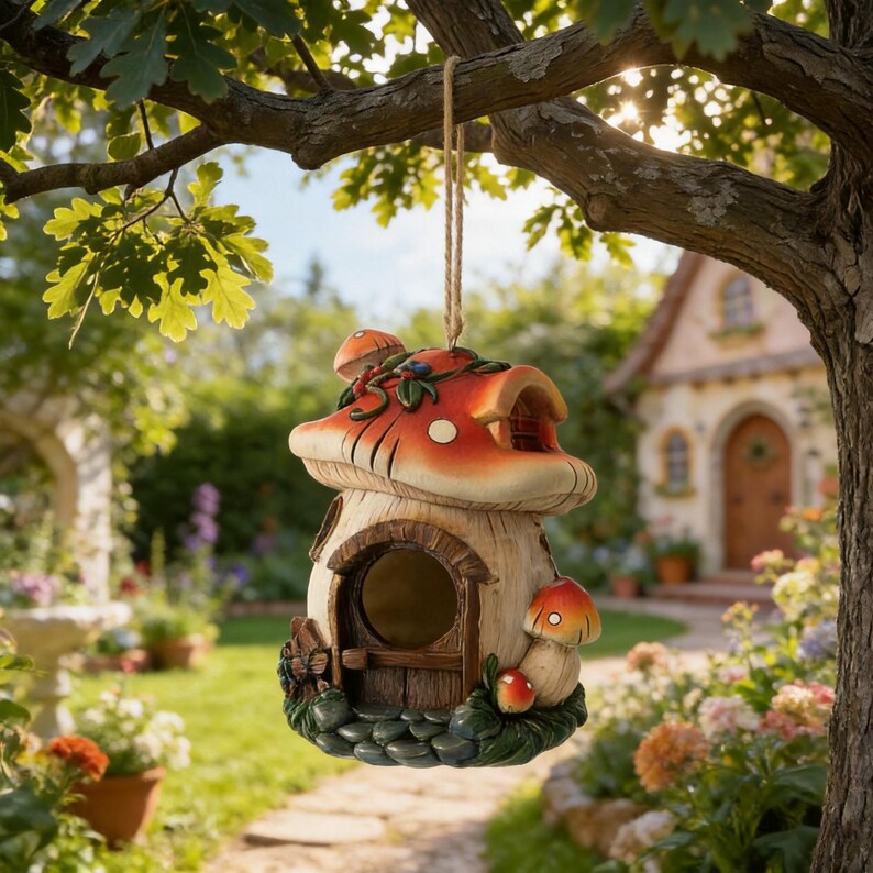 Feenvogelhaus aus Harz, Pilz-Garten-Dekor, hängendes Vogel-Nisthaus