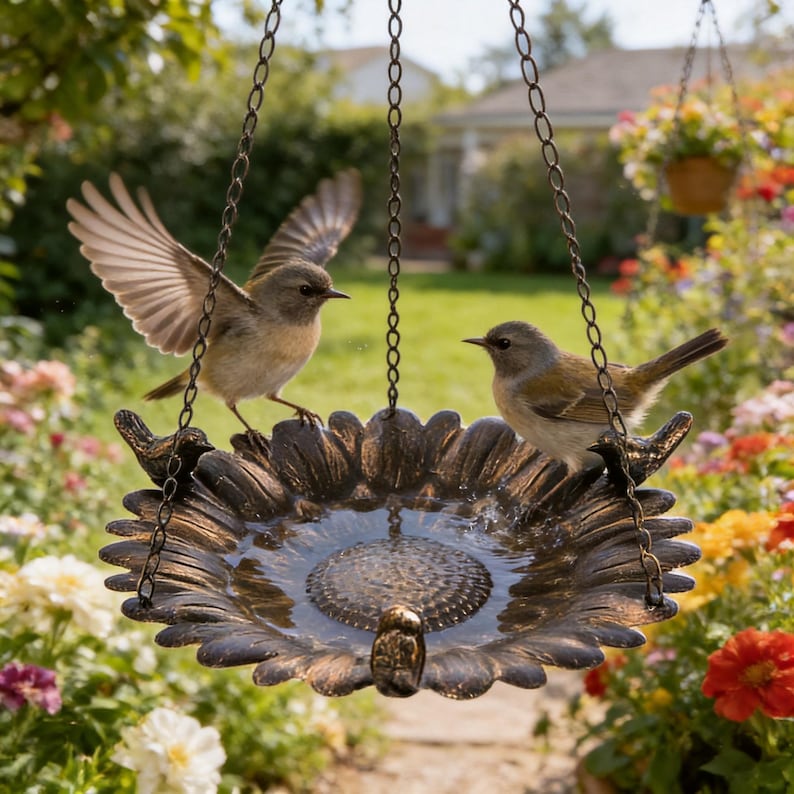 Antike Bronze Sonnenblume Vogelhaus Vogeltränke, hängend, Garten Dekoration, 30 cm Durchmesser