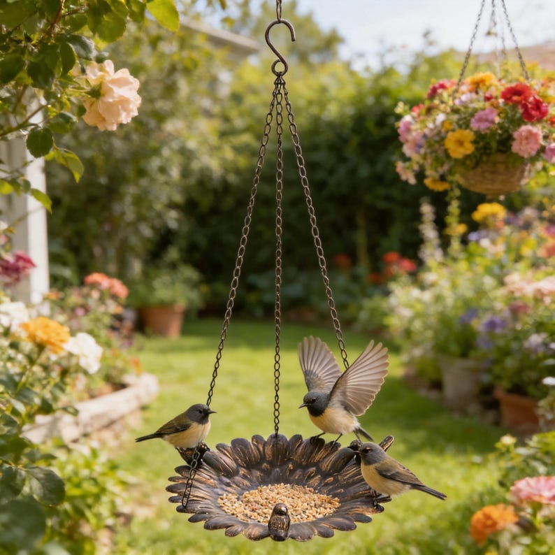 Antike Bronze Sonnenblume Vogelhaus Vogeltränke, hängend, Garten Dekoration, 30 cm Durchmesser
