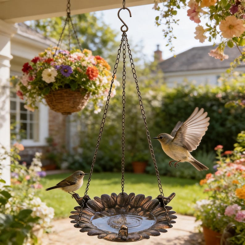 Antike Bronze Sonnenblume Vogelhaus Vogeltränke, hängend, Garten Dekoration, 30 cm Durchmesser