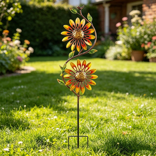 43 Inch Dual Rotating Metal Wind Spinner with Rainbow Flowers, Birds, and Yard Stake, Weatherproof Outdoor Garden Decor for Lawn, Patio, or Flower Bed, Multicolor