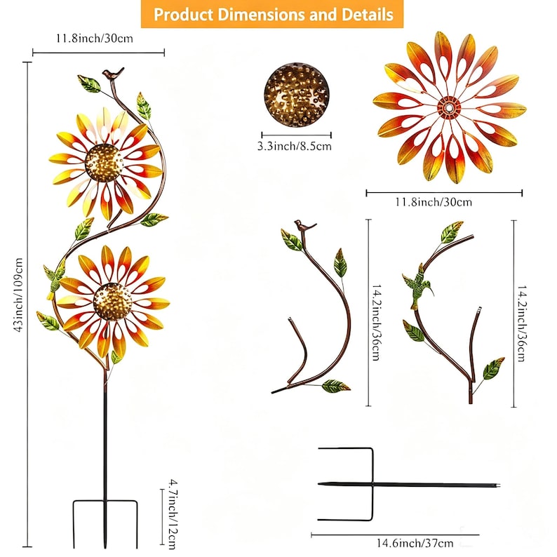 43 Inch Dual Rotating Metal Wind Spinner with Rainbow Flowers, Birds, and Yard Stake, Weatherproof Outdoor Garden Decor for Lawn, Patio, or Flower Bed, Multicolor