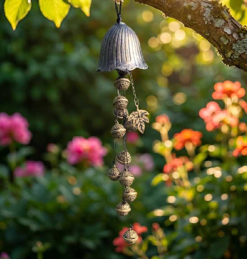 Eisen Türhänger Windspiel mit Glocken und Blattakzent, rustikale Gartendekoration, antikes Finish