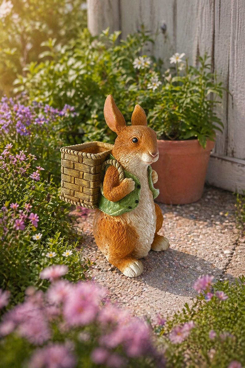 Harz Kaninchen Garten Statue Blumentopf Dekoration mit Korb Rucksack, 32 cm, Outdoor Skulptur