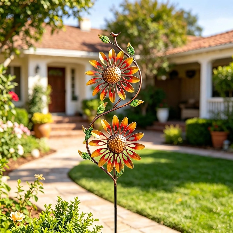 43 Inch Dual Rotating Metal Wind Spinner with Rainbow Flowers, Birds, and Yard Stake, Weatherproof Outdoor Garden Decor for Lawn, Patio, or Flower Bed, Multicolor
