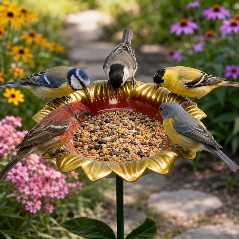 Metal Sunflower Bird Bath Standing Water Feeder for Hummingbirds Bees Butterflies Outdoor Garden Decor Stake