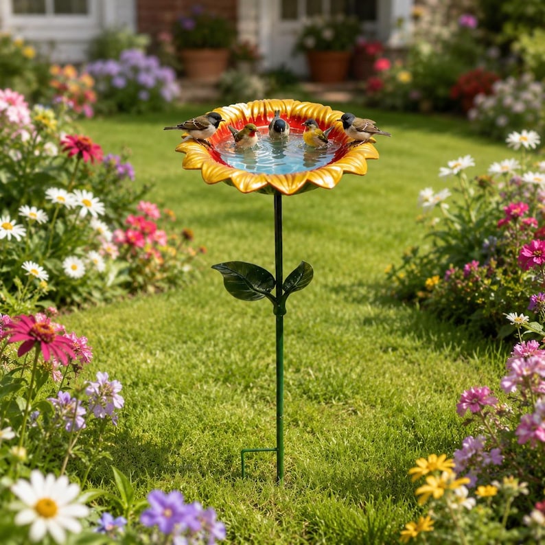Metal Sunflower Bird Bath Standing Water Feeder for Hummingbirds Bees Butterflies Outdoor Garden Decor Stake