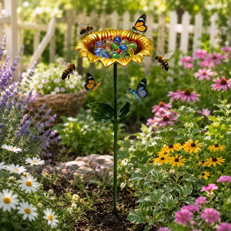 Metal Sunflower Bird Bath Standing Water Feeder for Hummingbirds Bees Butterflies Outdoor Garden Decor Stake