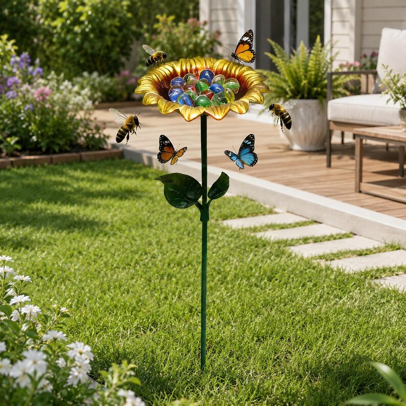 Metal Sunflower Bird Bath Standing Water Feeder for Hummingbirds Bees Butterflies Outdoor Garden Decor Stake