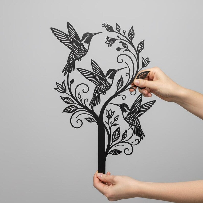 Laser Cut Metal Hummingbird Garden Stake - Floral Tree Yard Art - Outdoor Bird Decor