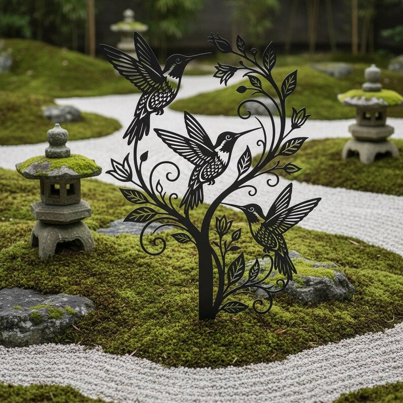 Laser Cut Metal Hummingbird Garden Stake - Floral Tree Yard Art - Outdoor Bird Decor