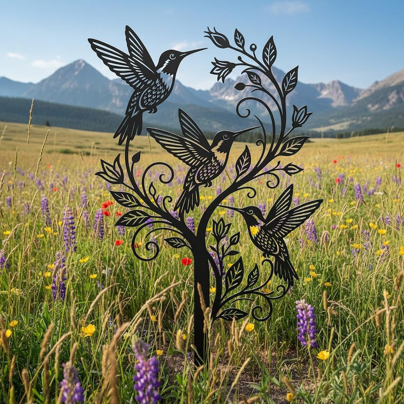 Laser Cut Metal Hummingbird Garden Stake - Floral Tree Yard Art - Outdoor Bird Decor