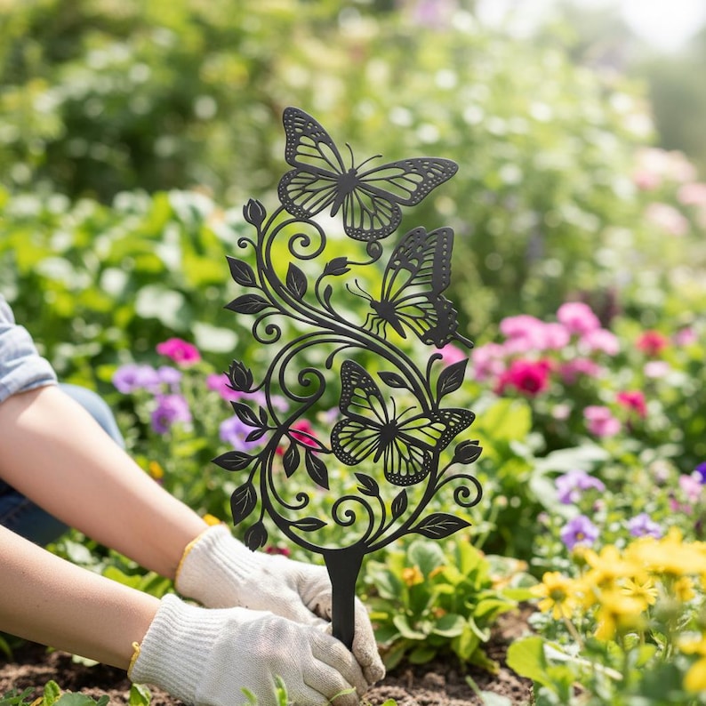 Butterfly Vine Metal Garden Stake Laser Cut Floral Scroll Yard Art