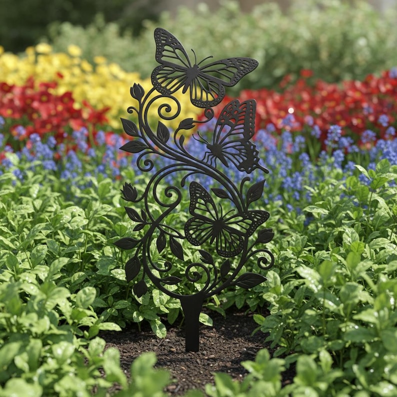 Butterfly Vine Metal Garden Stake Laser Cut Floral Scroll Yard Art