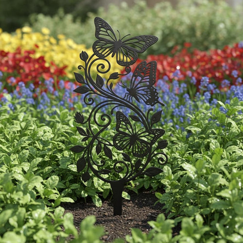 Butterfly Vine Metal Garden Stake Laser Cut Floral Scroll Yard Art
