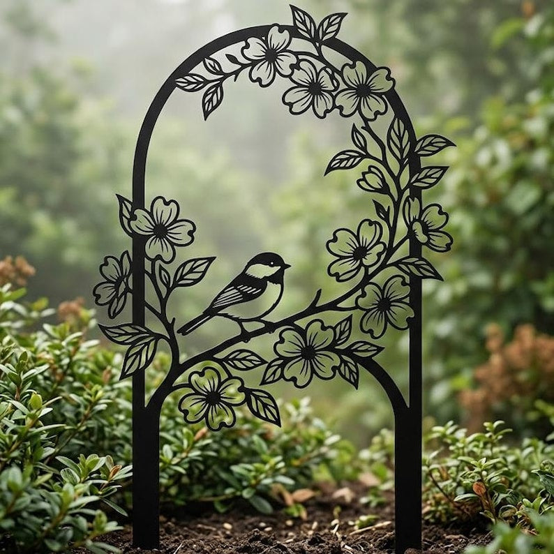 Vogel Gartenstecker aus Metall mit Blumendekoration, Cottagecore rustikales Gartenschild, Outdoor-Dekoration