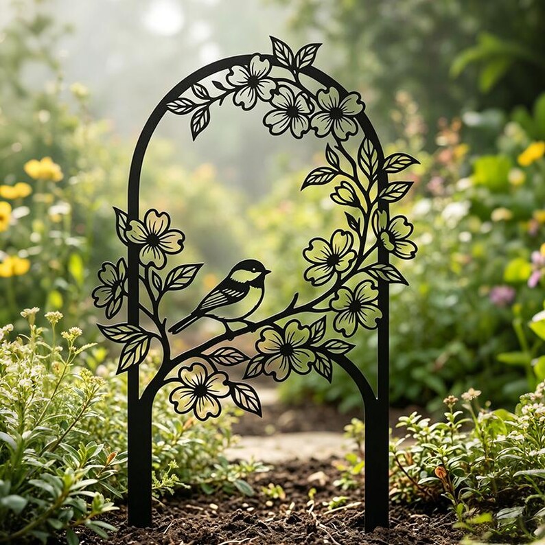 Vogel Gartenstecker aus Metall mit Blumendekoration, Cottagecore rustikales Gartenschild, Outdoor-Dekoration