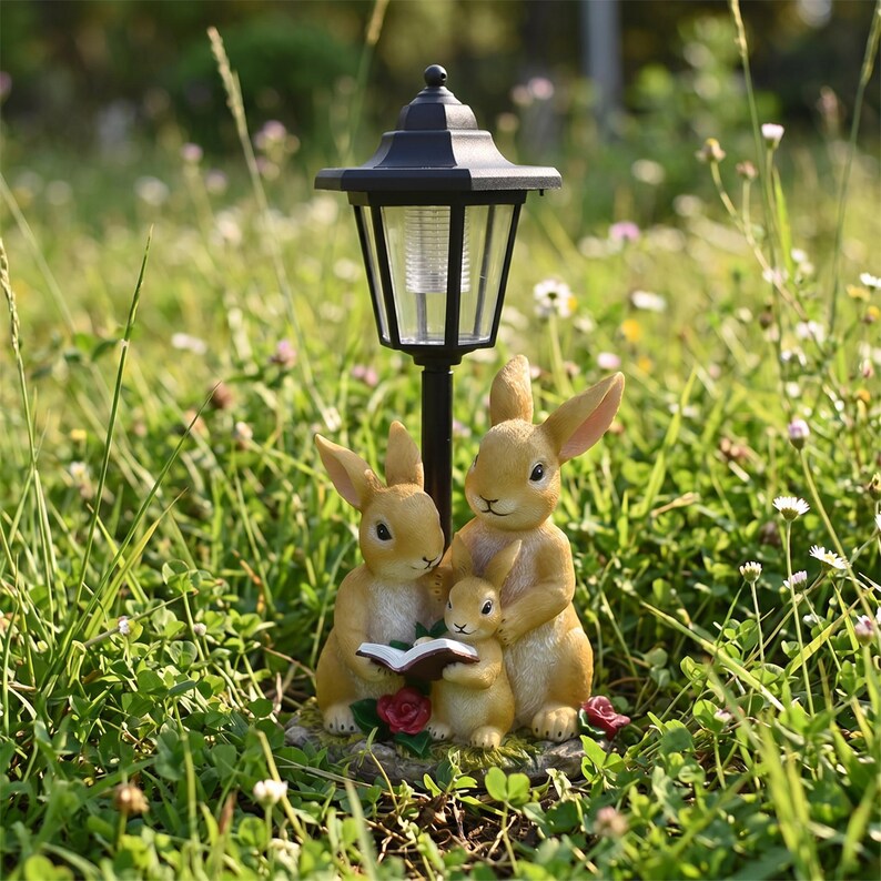 Kaninchen-Solarlaternen-Statue, Häschenfamilie mit LED-Licht, wasserdichtes Gartendekor, 33 cm