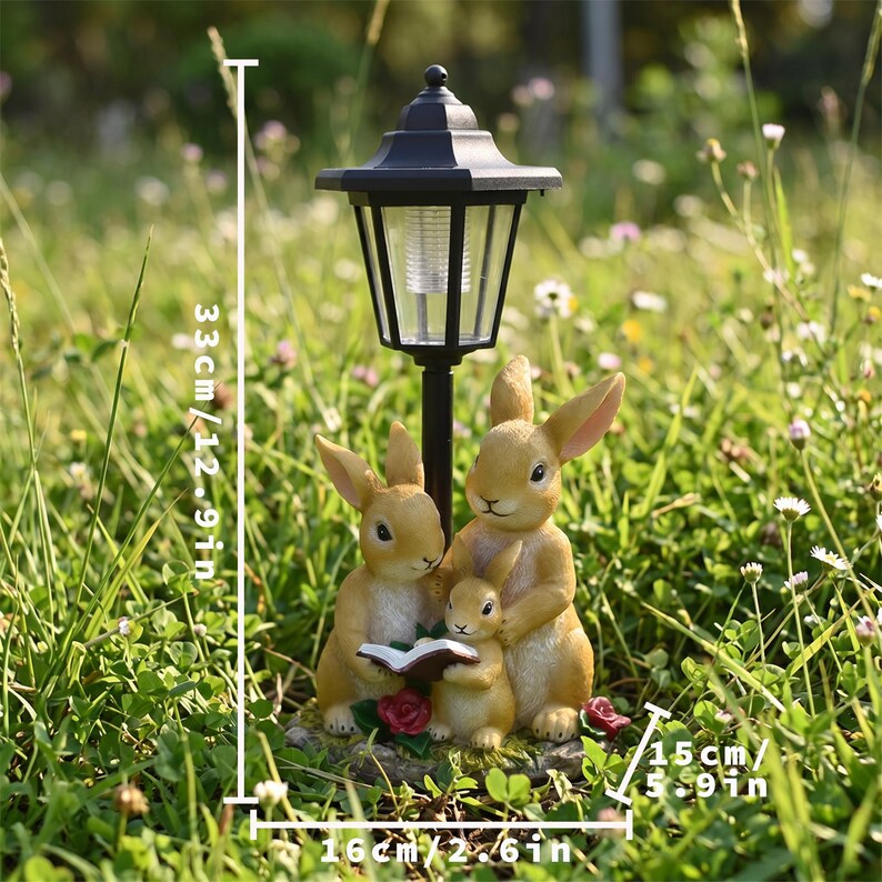 Kaninchen-Solarlaternen-Statue, Häschenfamilie mit LED-Licht, wasserdichtes Gartendekor, 33 cm