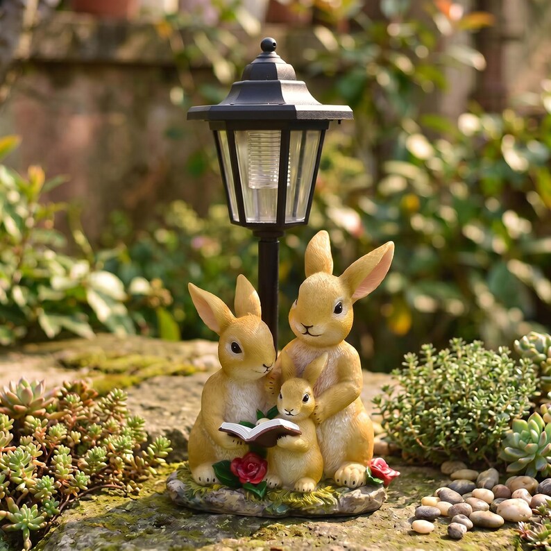 Kaninchen-Solarlaternen-Statue, Häschenfamilie mit LED-Licht, wasserdichtes Gartendekor, 33 cm