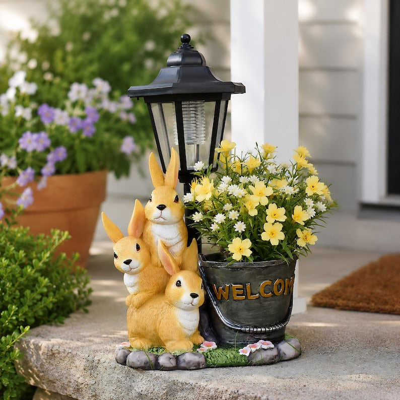 Solar Kaninchen Garten Licht Pflanzer, Harz Kaninchen Familie Yard Terrasse Dekor, 32.5 cm