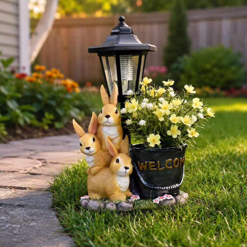 Solar Kaninchen Garten Licht Pflanzer, Harz Kaninchen Familie Yard Terrasse Dekor, 32.5 cm
