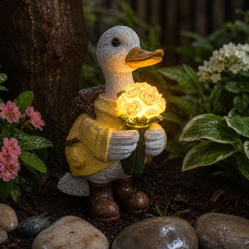 Solar Duck Garden Statue mit LED Rosenstrauß, Outdoor Yard Decor