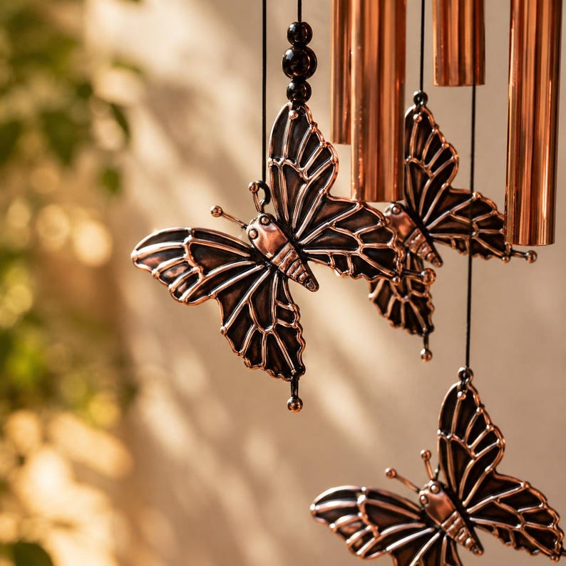 Retro Kupfer Schmetterling Windspiel, Vintage Metall Outdoor Garten Veranda Dekor, große hängende Windglocke