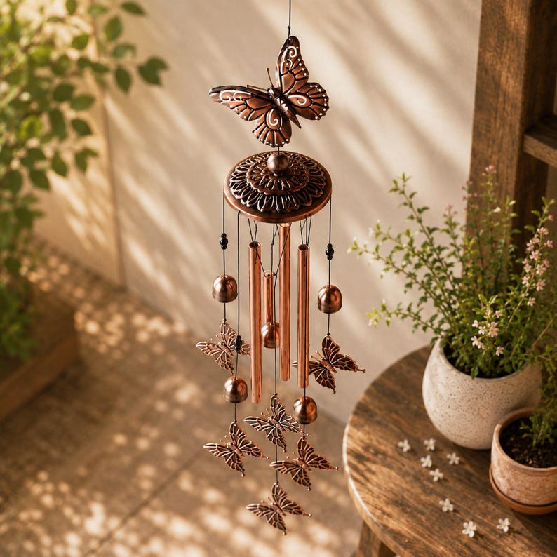 Retro Kupfer Schmetterling Windspiel, Vintage Metall Outdoor Garten Veranda Dekor, große hängende Windglocke