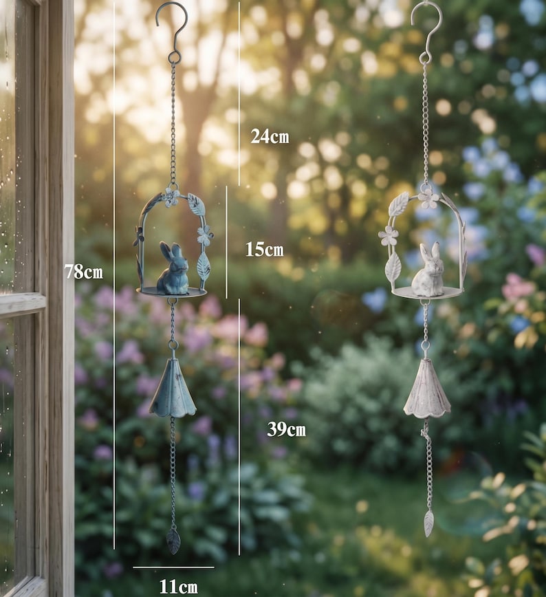 Vintage Metall Kaninchen Windspiel, Shabby Chic Garten Dekor, abgenutzt blau / altweiß, 78cm