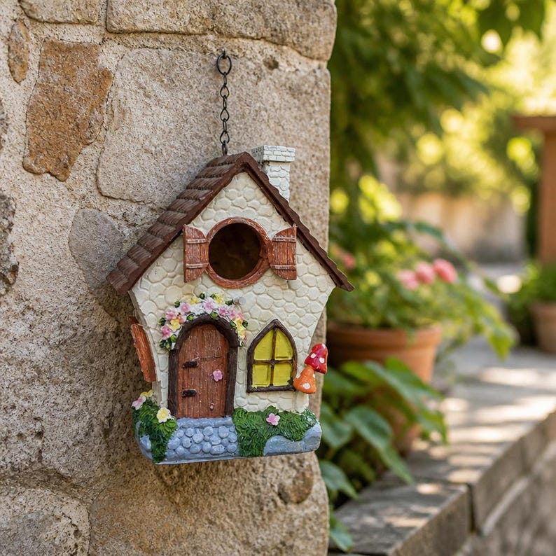 Handbemaltes Pilzhaus-Vogelhaus – Witterungsbeständiges Gießharz, 26cm, für kleine Gartenvögel