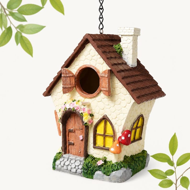 Handbemaltes Pilzhaus-Vogelhaus – Witterungsbeständiges Gießharz, 26cm, für kleine Gartenvögel