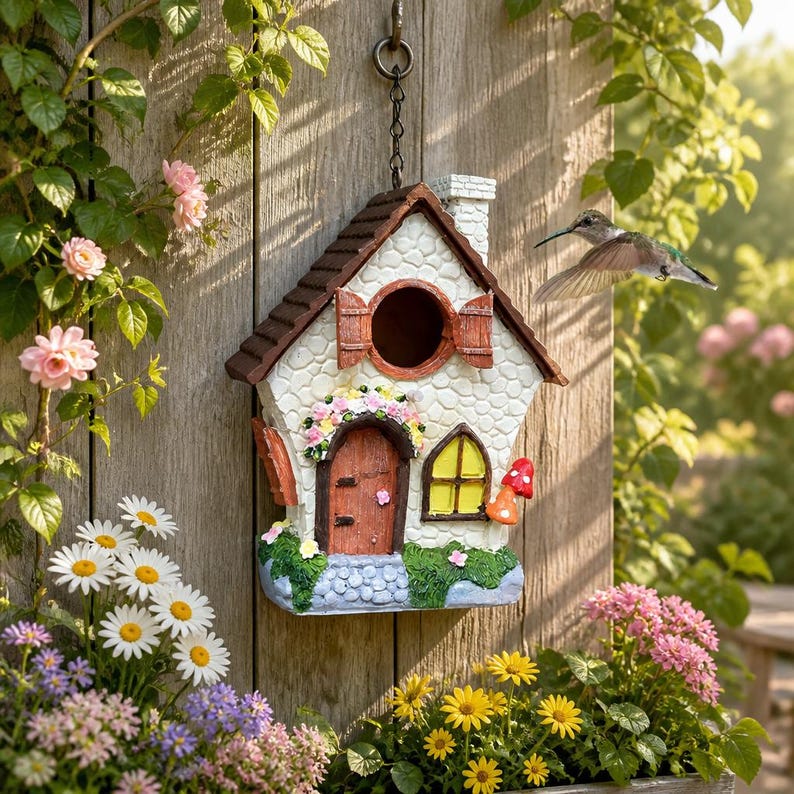 Handbemaltes Pilzhaus-Vogelhaus – Witterungsbeständiges Gießharz, 26cm, für kleine Gartenvögel