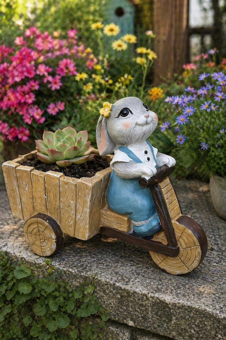 Harz Kaninchen Blumentopf mit Holzwagen, Garten Dekoration für Sukkulenten, 13x11x6,5 cm