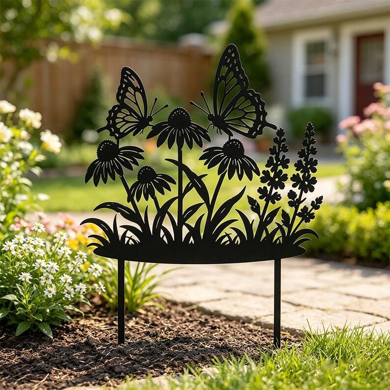 Metall Gartenstecker Schmetterling Wildblumen, Outdoor Metall Yard Art, Schmetterling Blumen Dekor, 50cm