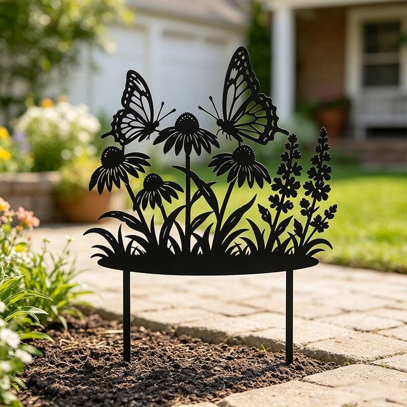 Metall Gartenstecker Schmetterling Wildblumen, Outdoor Metall Yard Art, Schmetterling Blumen Dekor, 50cm
