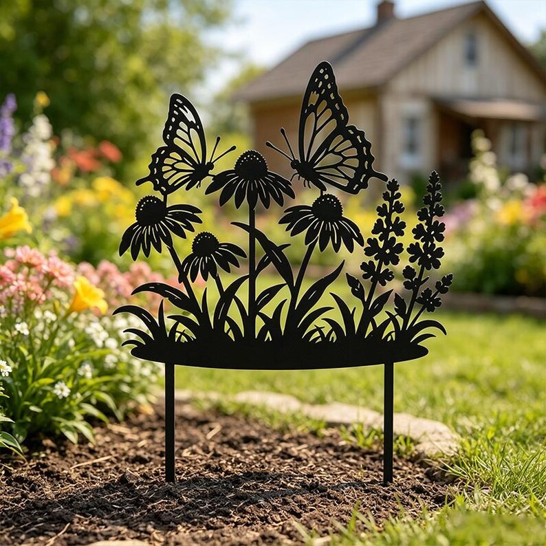 Metall Gartenstecker Schmetterling Wildblumen, Outdoor Metall Yard Art, Schmetterling Blumen Dekor, 50cm