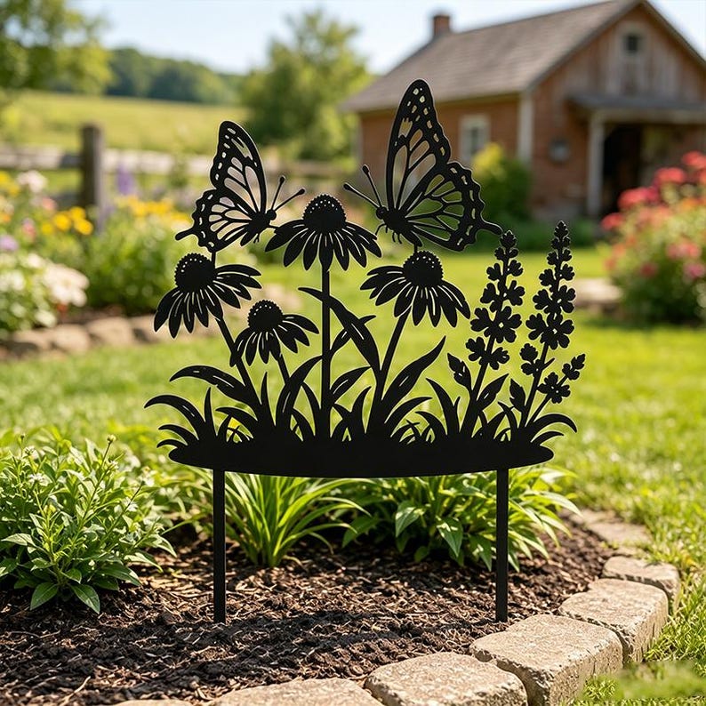Metall Gartenstecker Schmetterling Wildblumen, Outdoor Metall Yard Art, Schmetterling Blumen Dekor, 50cm