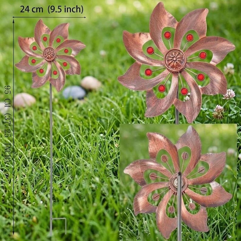 Kupfer Blumen Metall Wind Spinner Gartenstecker Outdoor Kinetic Art Dekor mit bunten Edelstein Akzenten