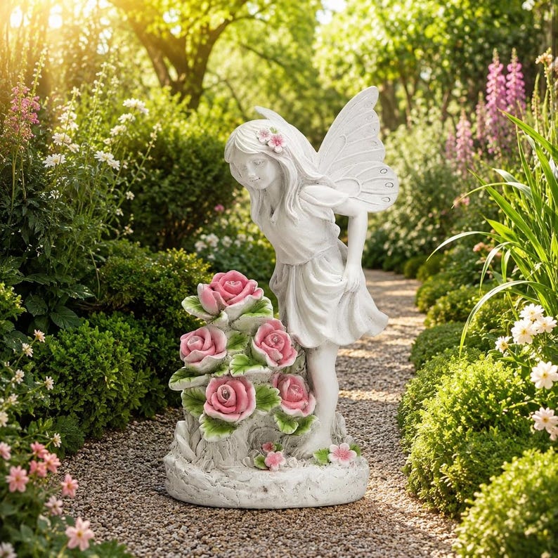 Solar Fee Gartenstatue mit Rosenlichtern, Outdoor Engel Figur Yard Decor, Schmetterlingsfee, 32,5 cm
