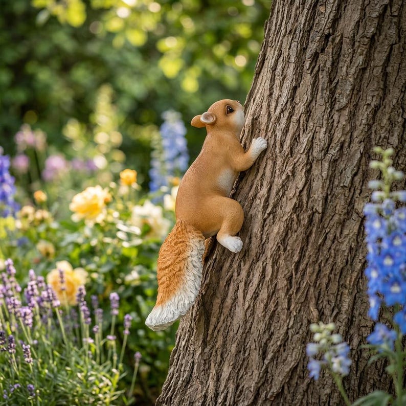 Kletternde Eichhörnchen-Baum-Statue Outdoor Gartendekoration hängende Tierfigur mit Haken, 27 x 10 cm