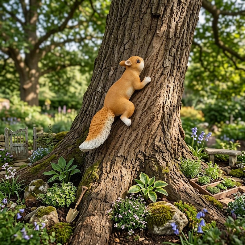 Kletternde Eichhörnchen-Baum-Statue Outdoor Gartendekoration hängende Tierfigur mit Haken, 27 x 10 cm