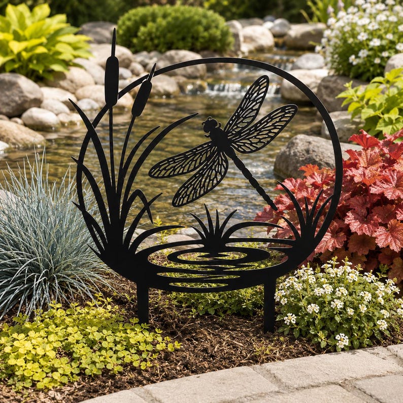 Libelle Metall Gartenstecker Rohrkolben Rasenstecker Schwarz Teichlandschaft