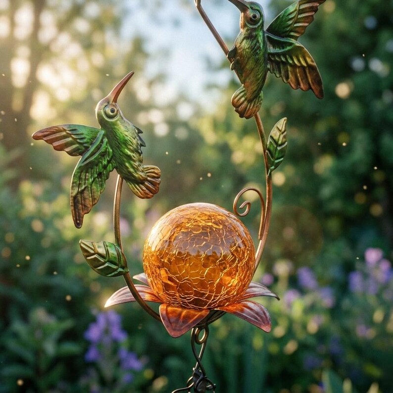 Solarbetriebenes Kolibri und Schmetterling Windspiel aus Schmiedeeisen mit Crackle-Glas, Set