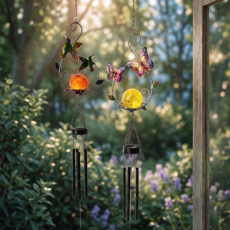 Solarbetriebenes Kolibri und Schmetterling Windspiel aus Schmiedeeisen mit Crackle-Glas, Set